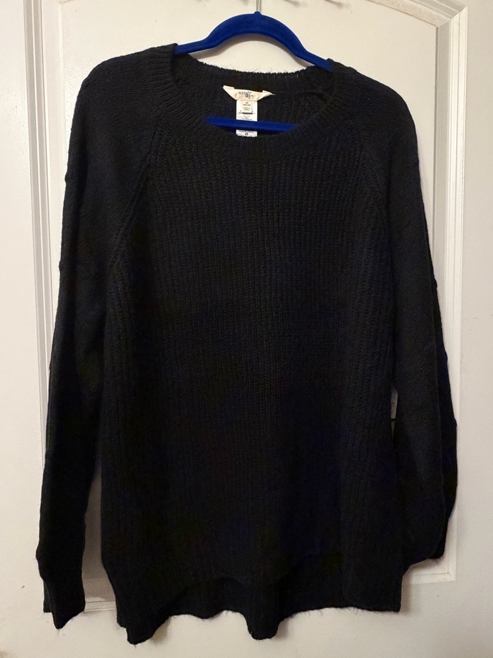 Terra & Sky 1X Black Crew Neck Waffle Knit Pull Over Sweater Textured Sleeves